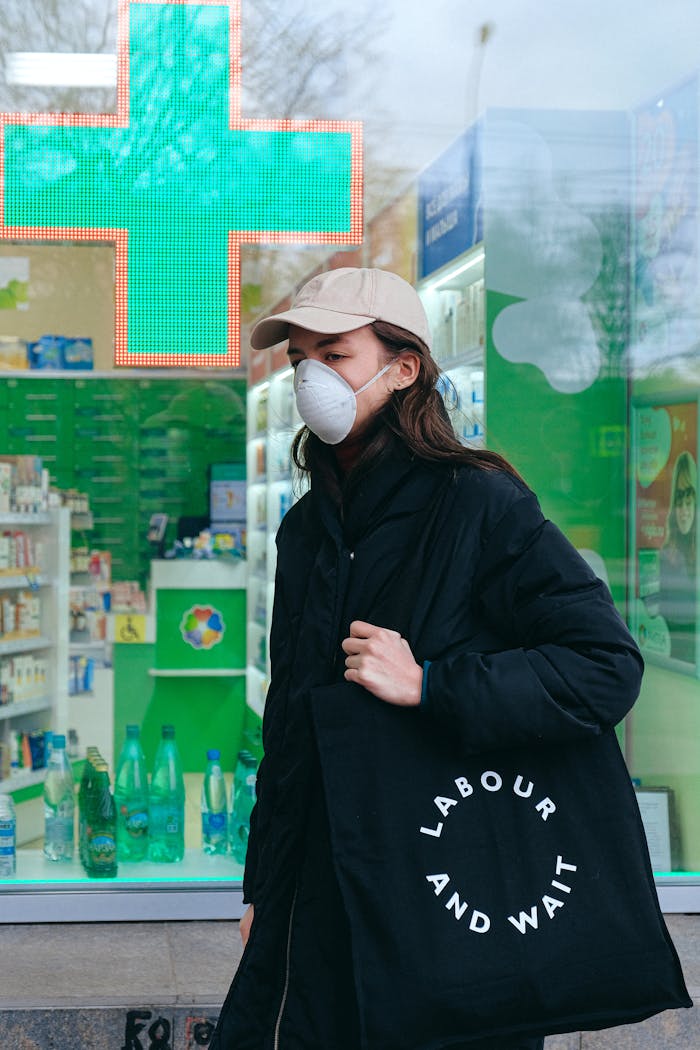 Woman wearing a face mask carries a bag in front of a pharmacy.